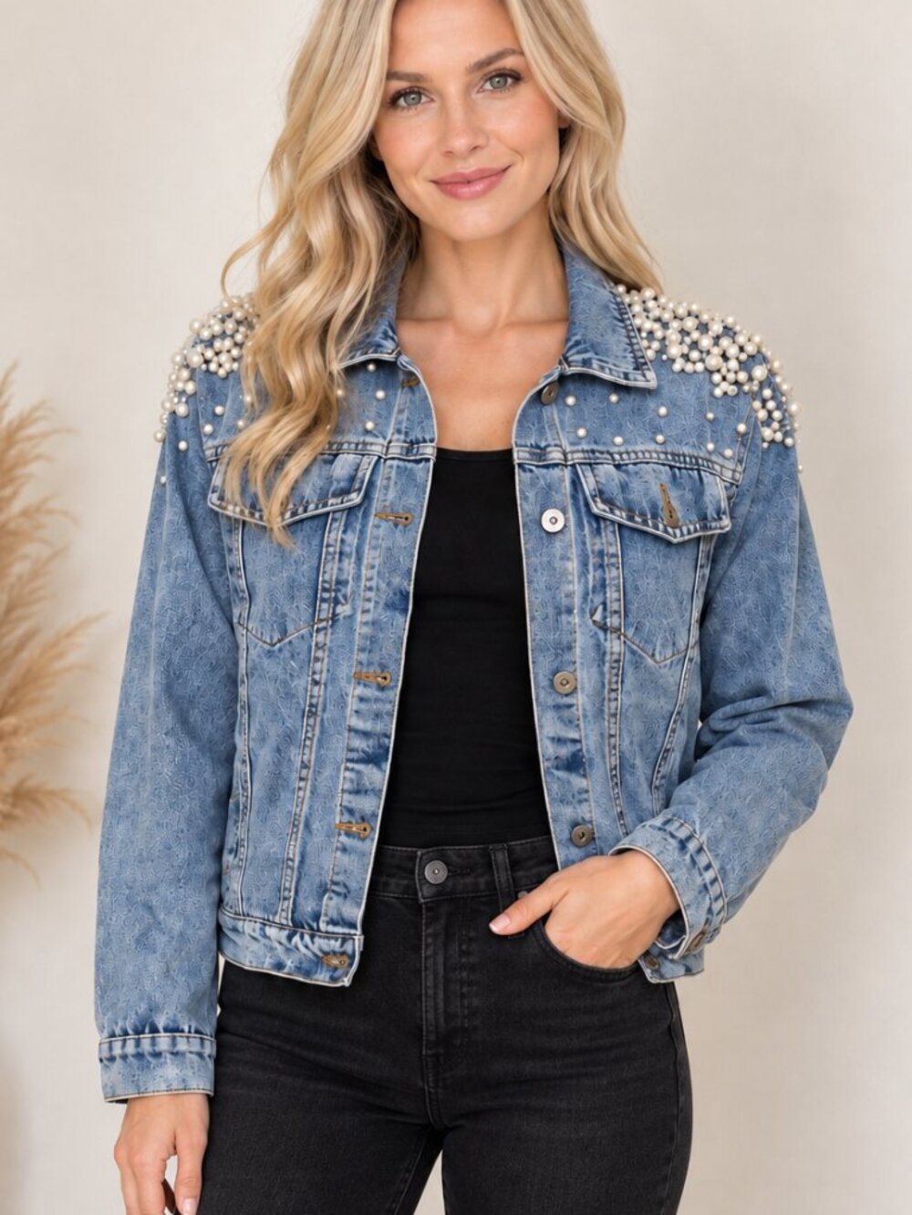 601. Women's Blue Denim Jacket with Pearl Detail